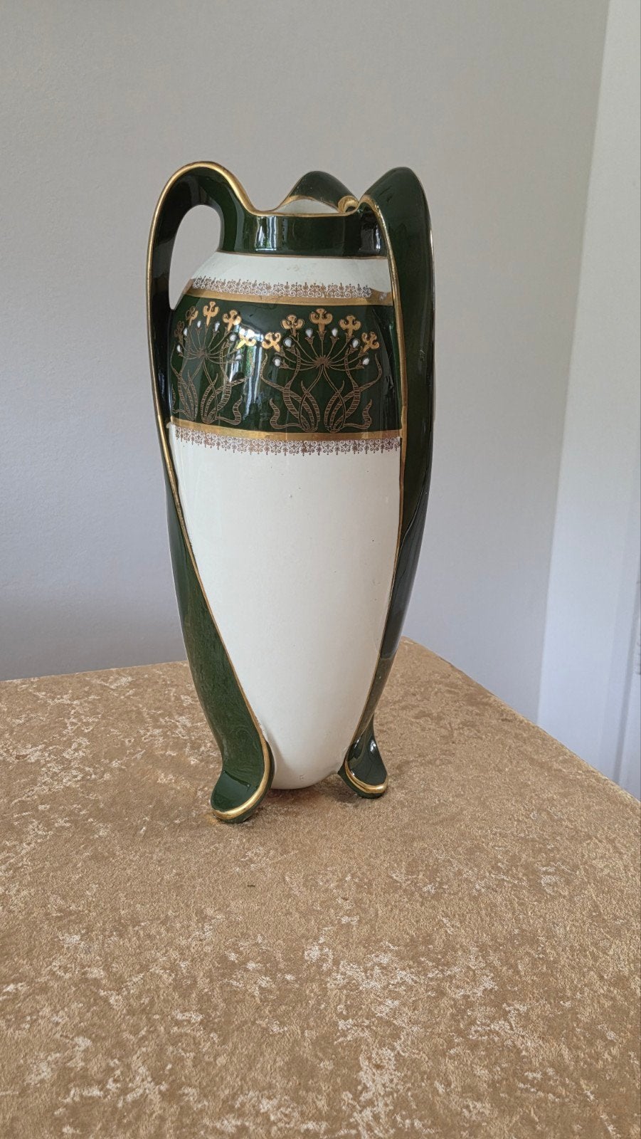 Antieke K&G Luneville vaas, Art Nouveau, groen n goud, 35 cm, Ophalen of Verzenden