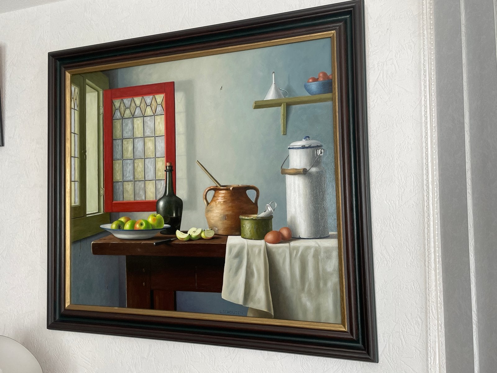 Klassiek stilleven met fruit en keukengerei, Doek, Stilleven, Ophalen of Verzenden, Gesigneerd