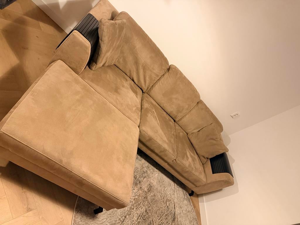 Comfortabele hoekbank met chaise longue - Zandkleurig, Zwart, Ophalen of Verzenden, Zo goed als nieuw, Minder dan 10 m²