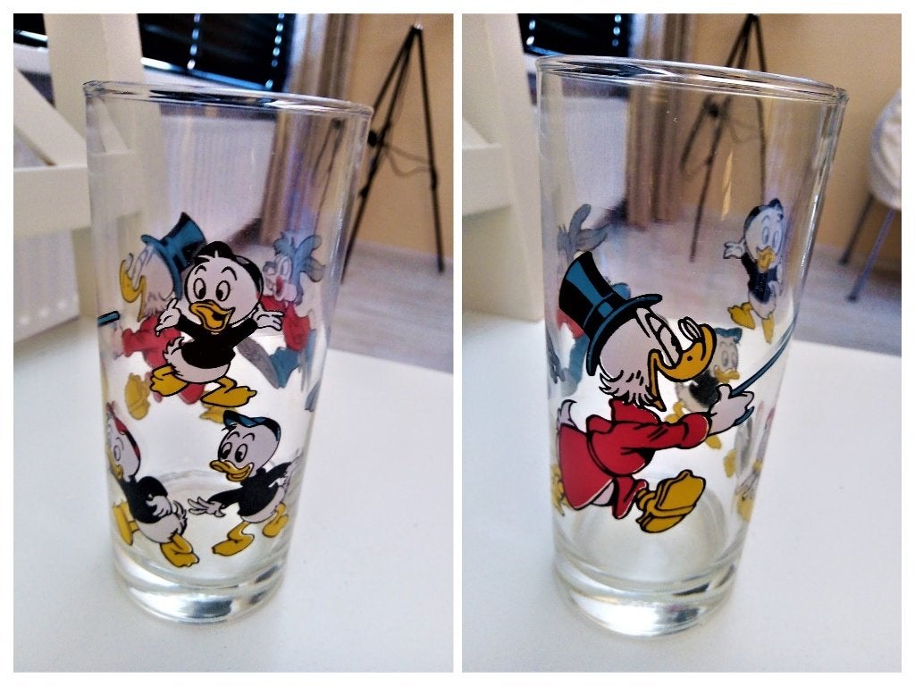 2 Vintage Disney long/ drinkglazen Dagobert Duck en neefjes, Ophalen of Verzenden, Nieuw, Frisdrankglas