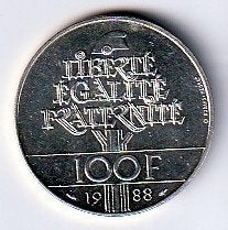 100  francs  1988  Frankrijk. km. 966   proof/unc, Ophalen of Verzenden, Frankrijk, Losse munt, Zilver