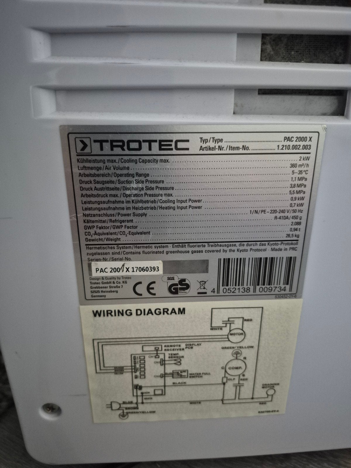 Trotec PAC 2000 X Mobiele Airco - Koelen en Ontvochtigen, Ophalen, Gebruikt, Minder dan 60 m³, Timer