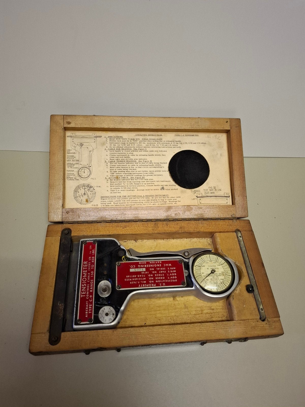 Vintage Vliegtuig Kabel Tensiometer in Houten Kist, Ophalen