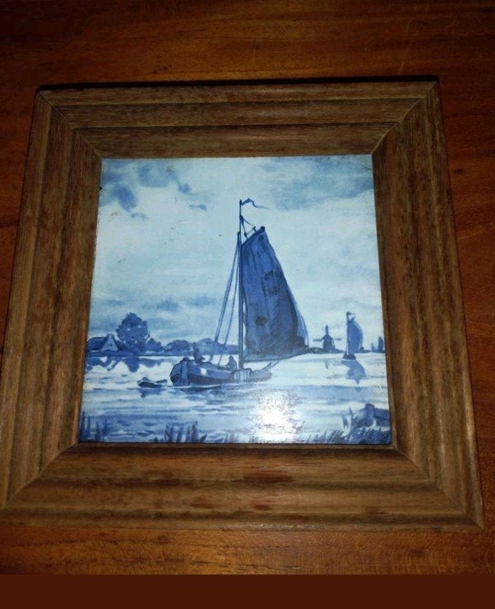 Delfts blauw tegeltableau met zeilschip in lijst, Ophalen of Verzenden