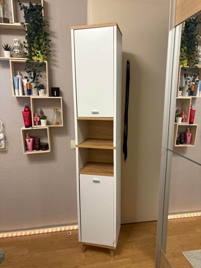 Hoge badkamerkast/kolomkast, wit/eikenlook., Ophalen, (Half)hoge kast, Gebruikt, 50 tot 100 cm