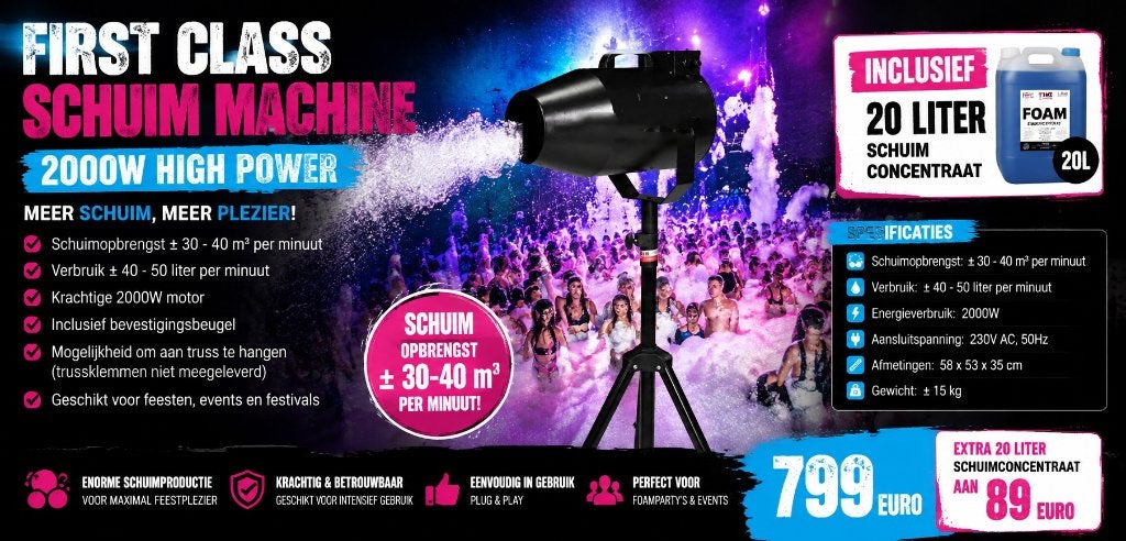 Nieuwe FIRST CLASS SCHUIM MACHINE 2000W & STATIEF & 20 L, Ophalen of Verzenden, Nieuw, Licht, Geluidgestuurd