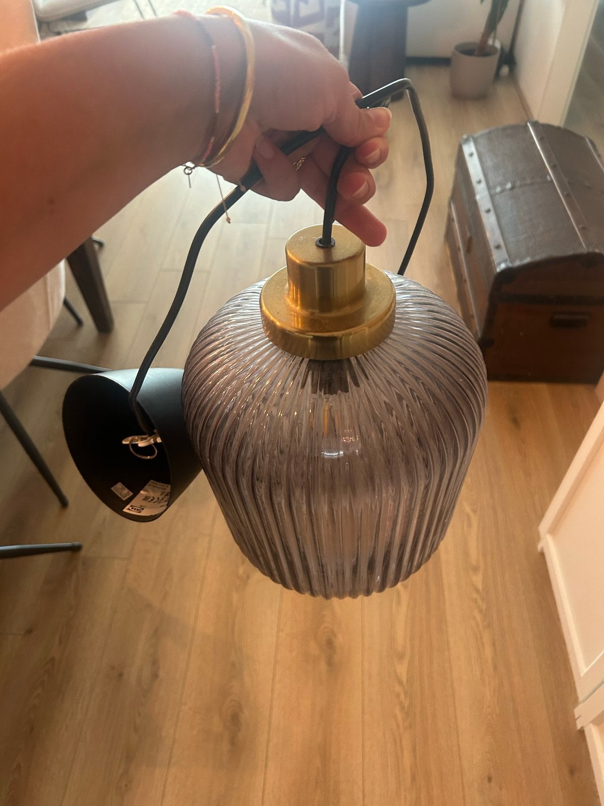 IKEA Solklint hanglamp met geribbeld grijs glas, Ophalen, Zo goed als nieuw, Glas, E27 (groot)