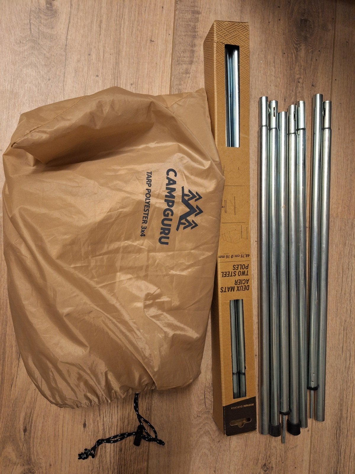 4 luifelstokken van Quechua met tarp van Campguru., Ophalen, Gebruikt