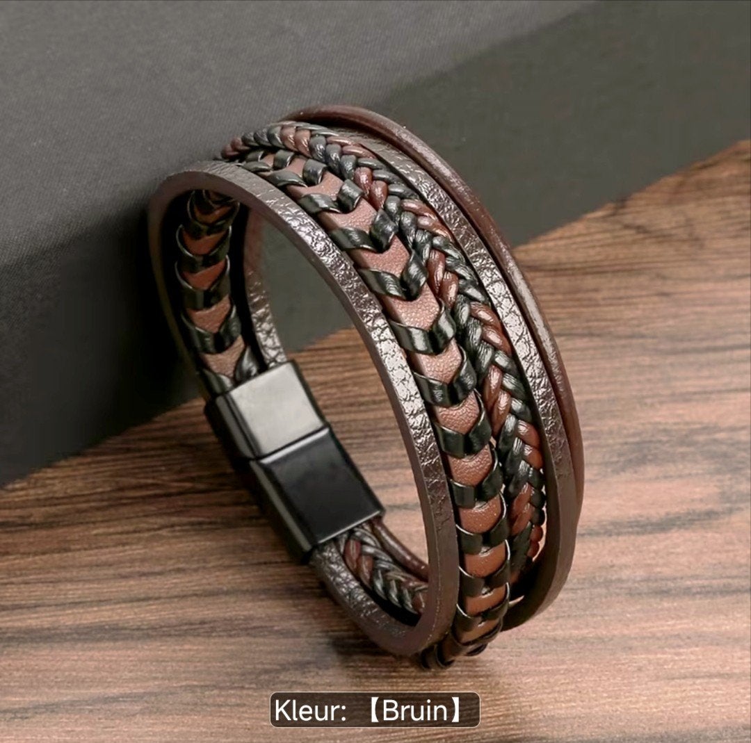 Stijlvolle Gevlochten Leren Armband voor Heren, Sieraden, Tassen en Uiterlijk, Armbanden, Ophalen of Verzenden, Nieuw, Bruin, Leer