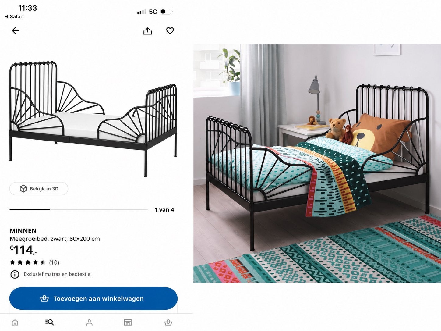 IKEA Minnen meegroeibed zwart met lattenbodem en matras, Kinderen en Baby's, Kinderkamer | Bedden, Ophalen, Gebruikt, 70 tot 85 cm