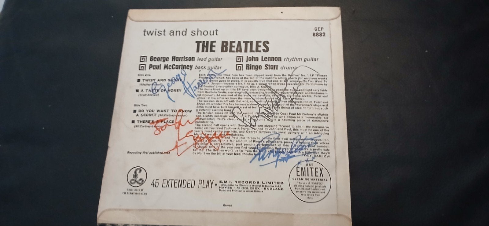 The Beatles Twist and Shout EP handtekeningen gesigneerd, Verzamelen, Ophalen of Verzenden, Gebruikt, Gesigneerd