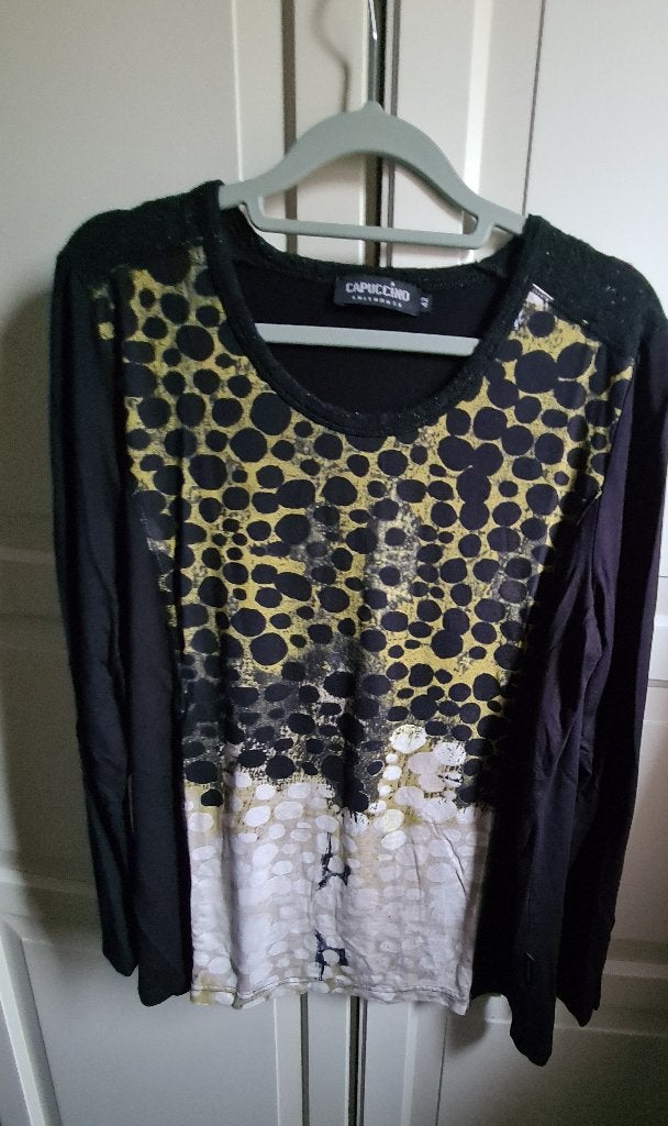 Top capuccino print Maat 42, Kleding | Dames, Tops, Verzenden, Zwart, Maat 42/44 (L), Zo goed als nieuw