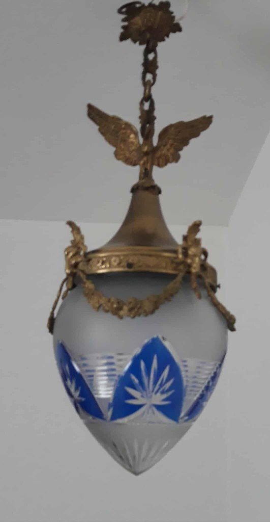 Chique Bronzen Hanglamp met geslepen glas (Dome). Plm 1880., Ophalen of Verzenden