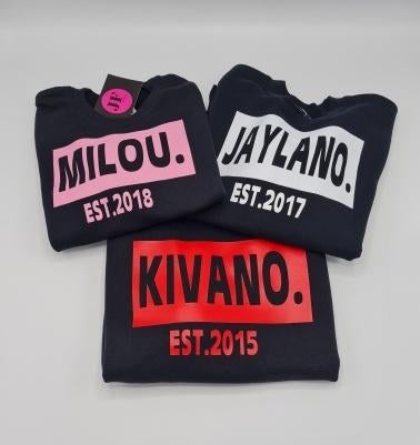 Truien met je eigen naam in maat 116, Kinderen en Baby's, Kinderkleding | Maat 116, Ophalen of Verzenden, Nieuw, Jongen of Meisje