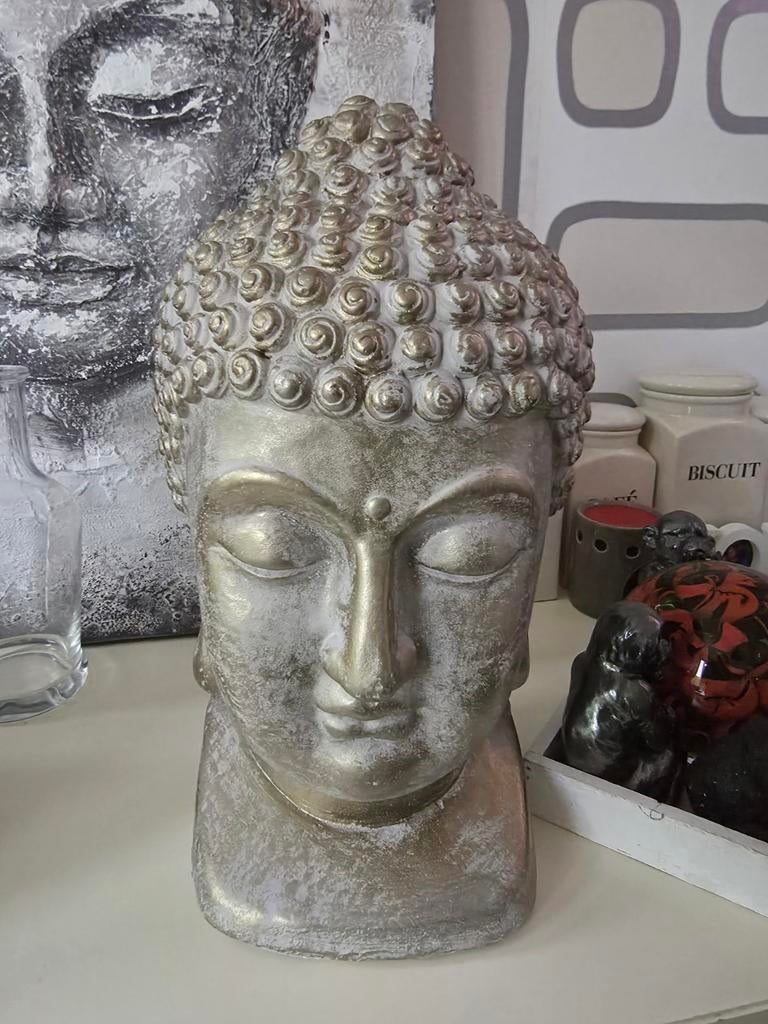 Decoratieve Boeddha Hoofd Beeld - Goud/Zilver Patina, Huis en Inrichting, Woonaccessoires | Boeddhabeelden, Ophalen of Verzenden