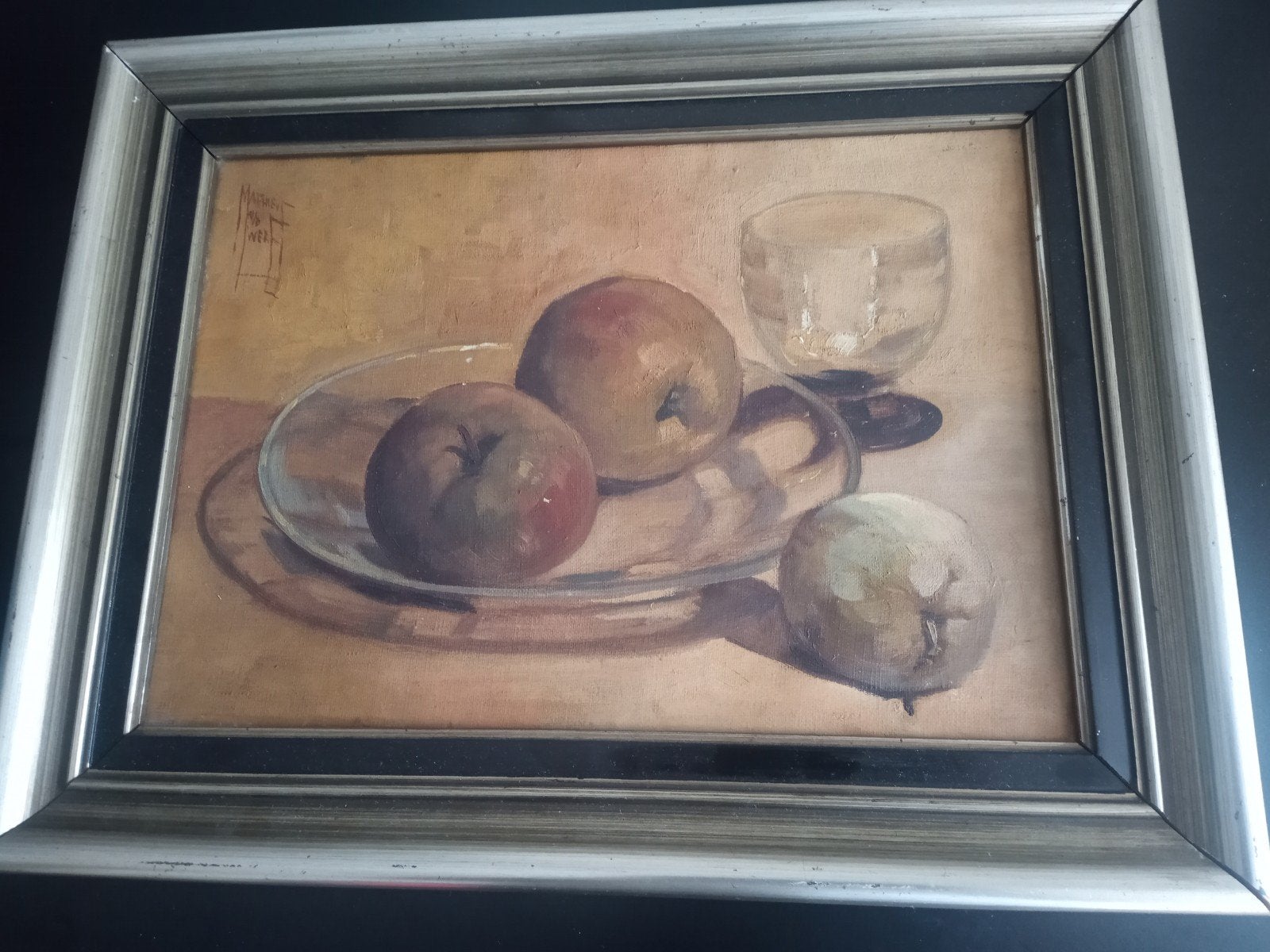 Stilleven met Appels en Glas - Matheu v/d Werf, Antiek en Kunst, Ophalen, Doek, Stilleven, Klassiek