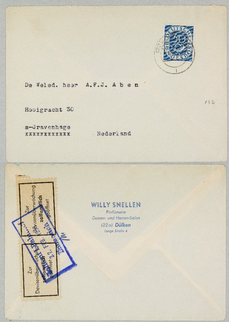 postzegel op brief Duitsland  1958 deviezencontrole, Ophalen of Verzenden, Envelop