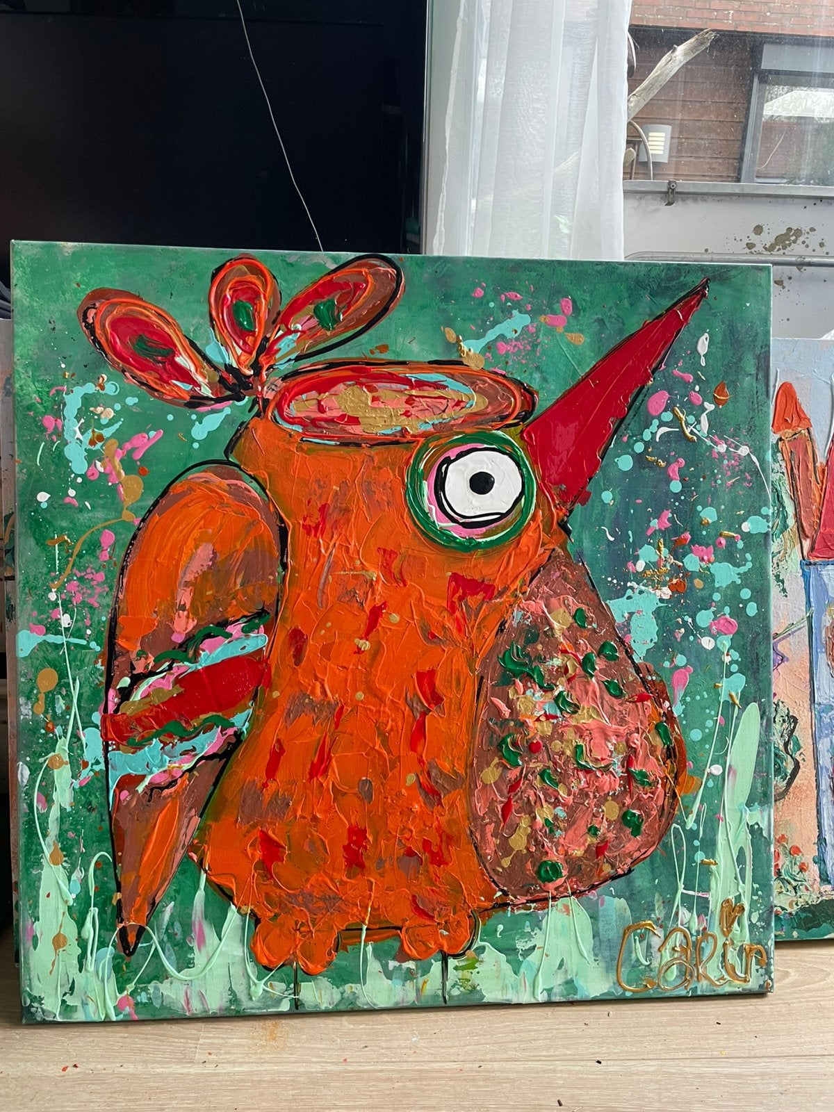 Super kleurrijk kunst oranje groen vogel carin, Ophalen of Verzenden