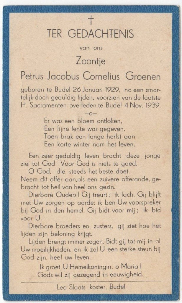 Petrus J.C. Groenen 1929 Budel + 1939 Budel, 10 jaar oud, Verzenden