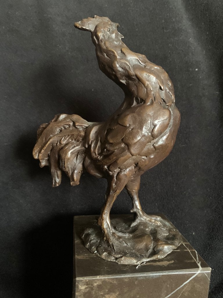 Bronzen Haan op hoge natuurstenen sokkel., Antiek en Kunst, Ophalen of Verzenden, Gemerkt, Brons, Beeld