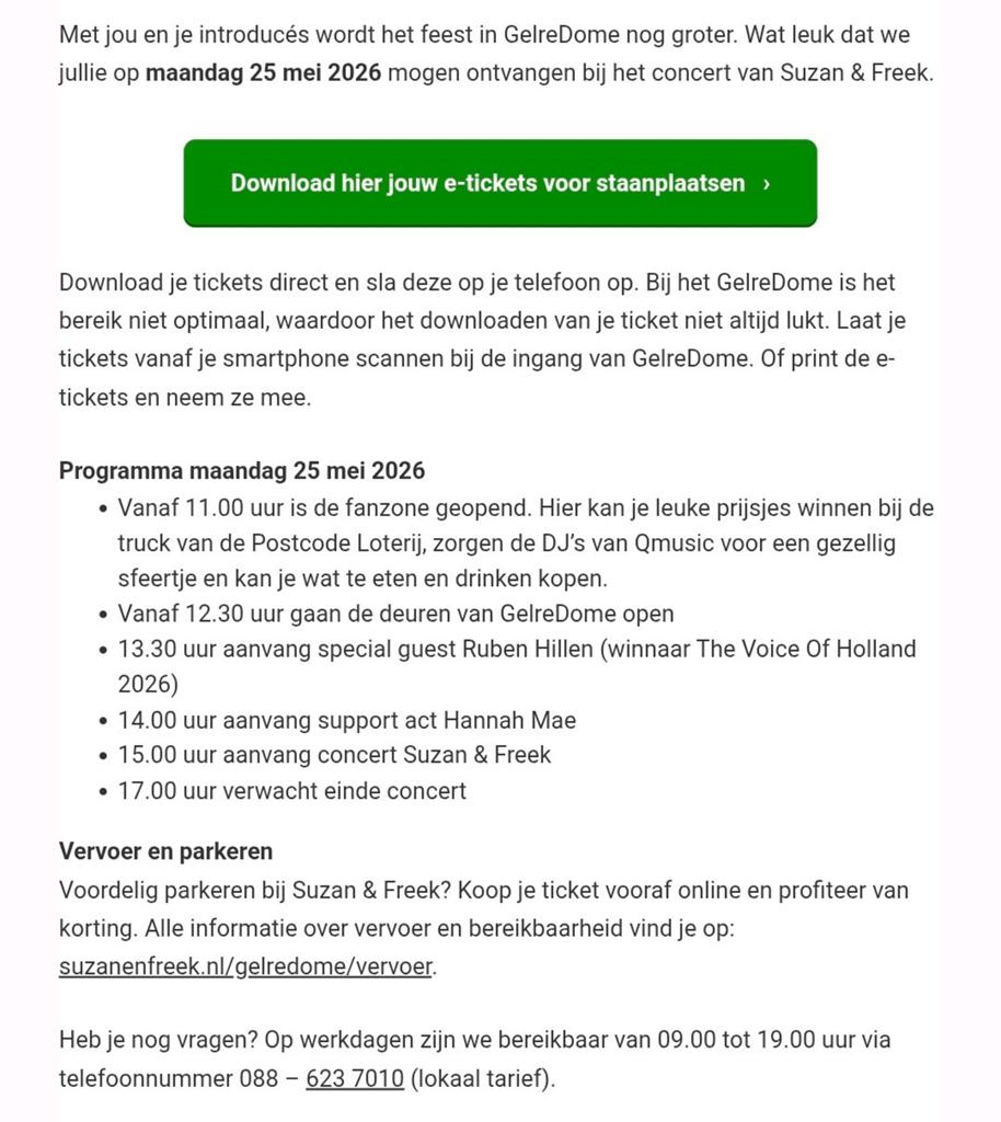 2x staan plaats voor Suzan en Freek 25 mei Geldredome, Tickets en Kaartjes, Twee personen, Mei