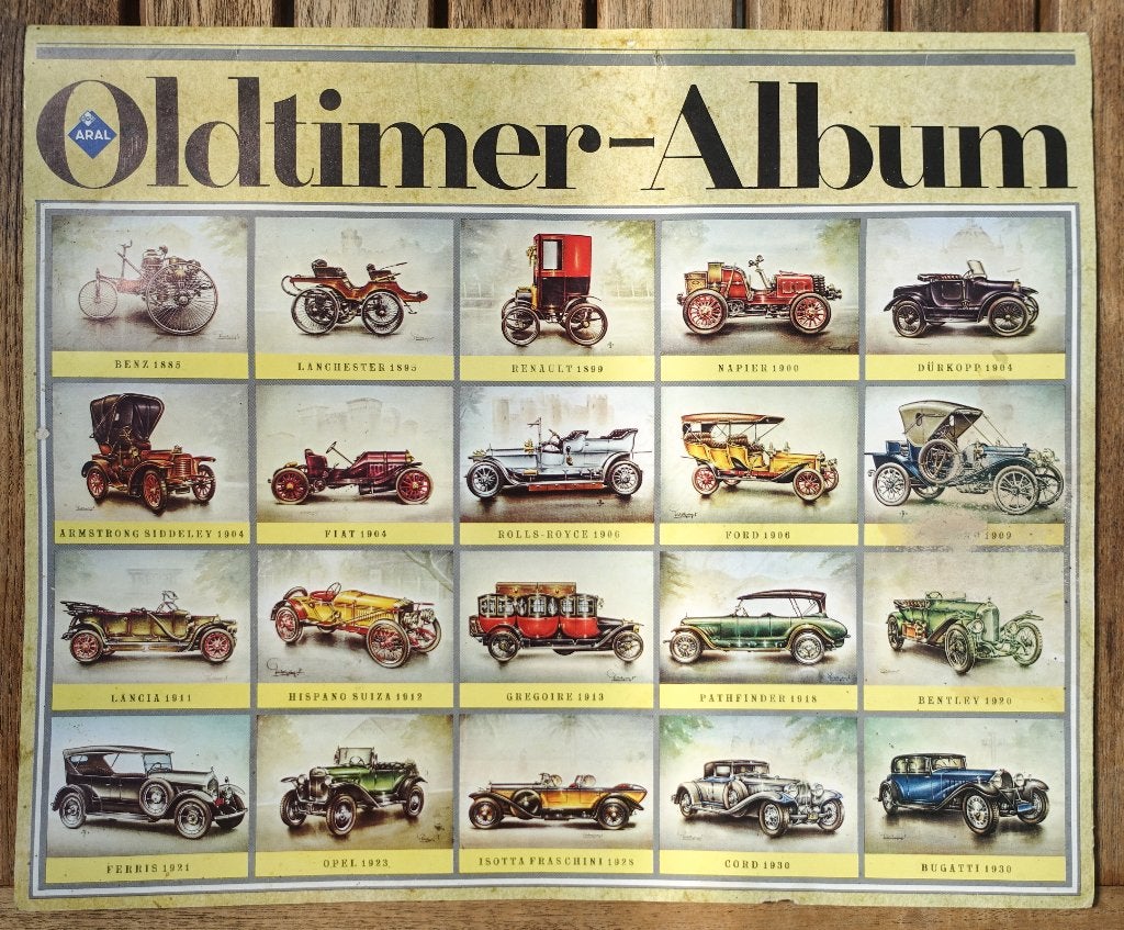 vintage oldtimer overzicht op karton, Verzamelen, Automerken, Motoren en Formule 1, Ophalen, Gebruikt, Auto's