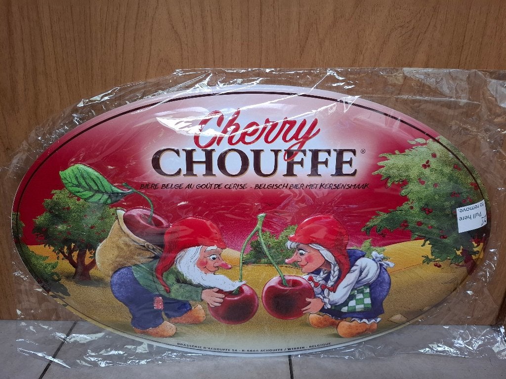Zeldzaam reclamebord Cherry Chouffe, Verzamelen, Ophalen of Verzenden, Nieuw, Reclamebord, Plaat of Schild, Overige merken