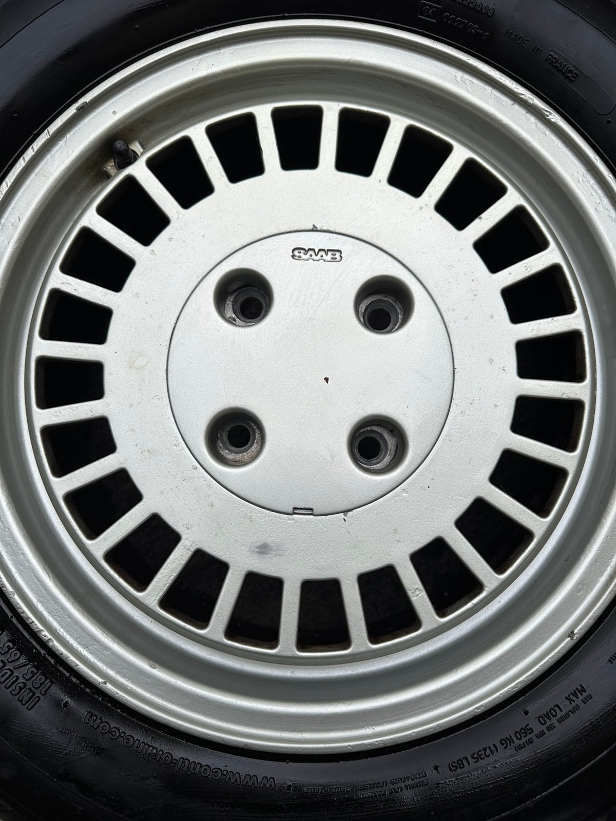 Originele 15" Saab "US Turbo" Velgenset (Oude Steek 4x114.3), Ophalen, Gebruikt, 15 inch, Banden en Velgen