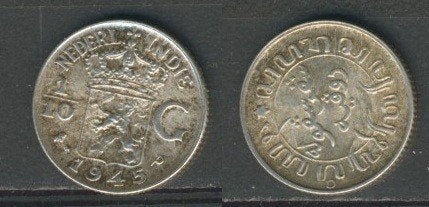 WO2 Munt 1/10 Gld 1945p Ned Indië Zilver c-339 jdu, Zilver, Ophalen of Verzenden, 10 cent, Koningin Wilhelmina