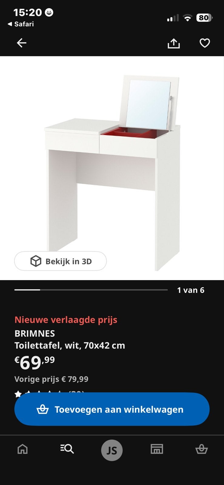 IKEA BRIMNES Toilettafel wit met spiegel en lades, Ophalen, Gebruikt, 50 tot 100 cm, Minder dan 100 cm