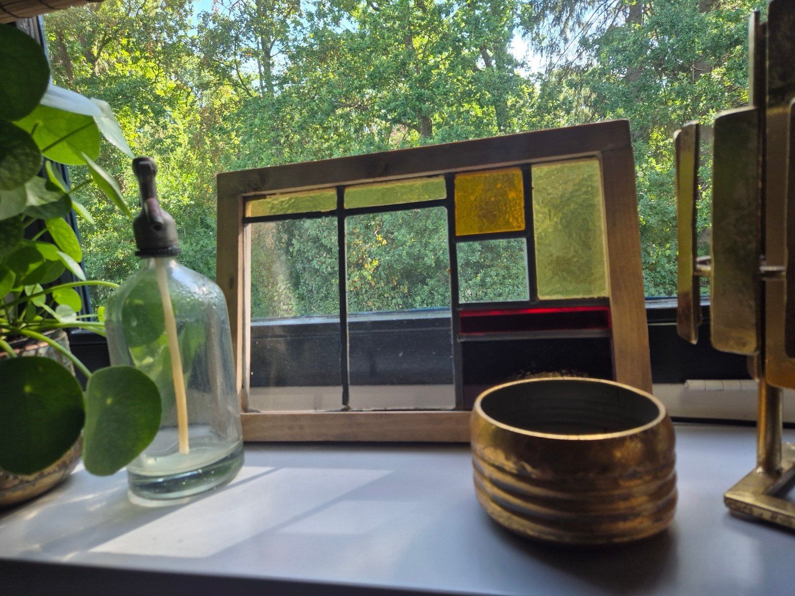 Vintage Glas-in-lood raam - Mondriaan Stijl, Antiek en Kunst, Ophalen