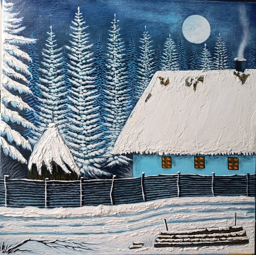 Schilderij Winterlandschap met Huis en Volle Maan, Landschap, Ophalen of Verzenden, Gesigneerd, Olieverf