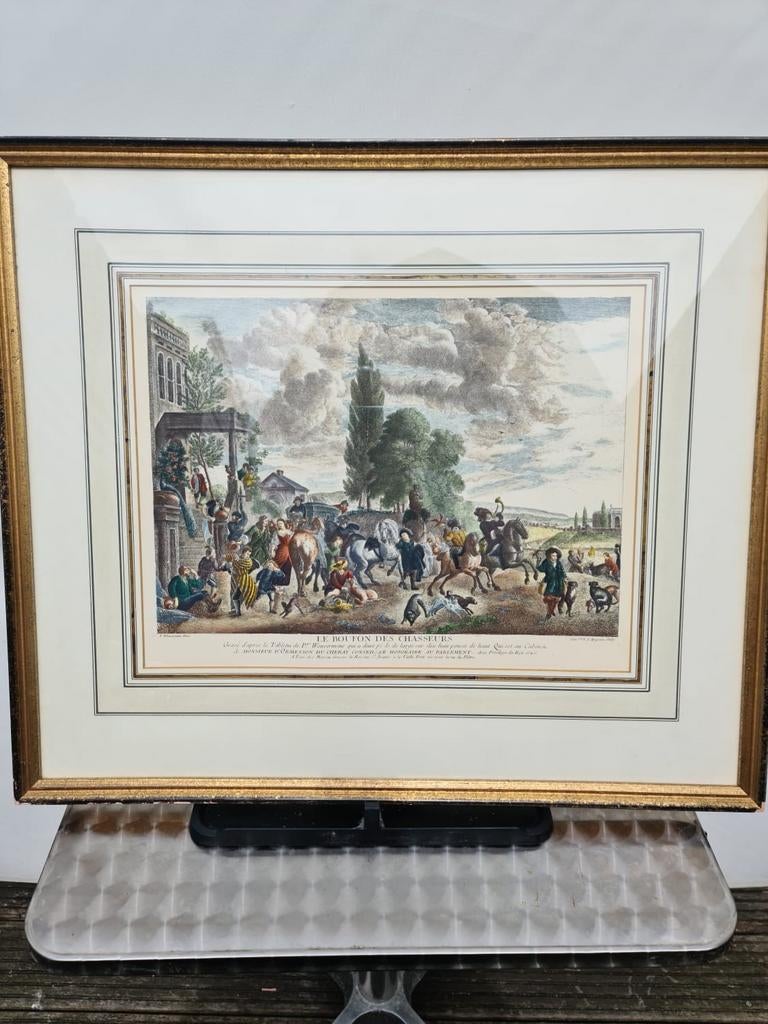 Antieke Gravure 'Le Bouton des Chasseurs' - Jachttafereel, Dagelijks leven, Ophalen of Verzenden, Gravure, 1700 - 1799