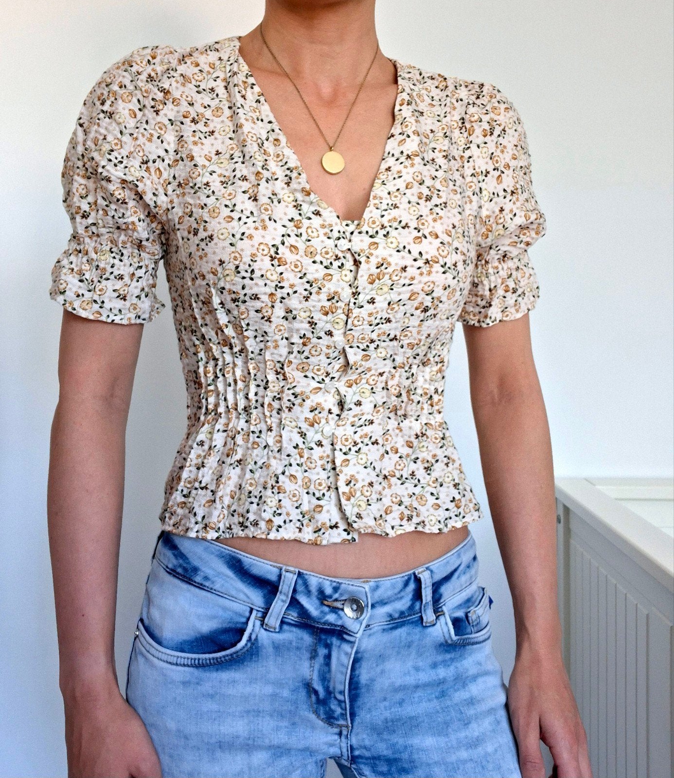 H&M bloemenprint peplum blouse top - XS - floral cottagecore, H&M, Beige, Nieuw, Ophalen of Verzenden