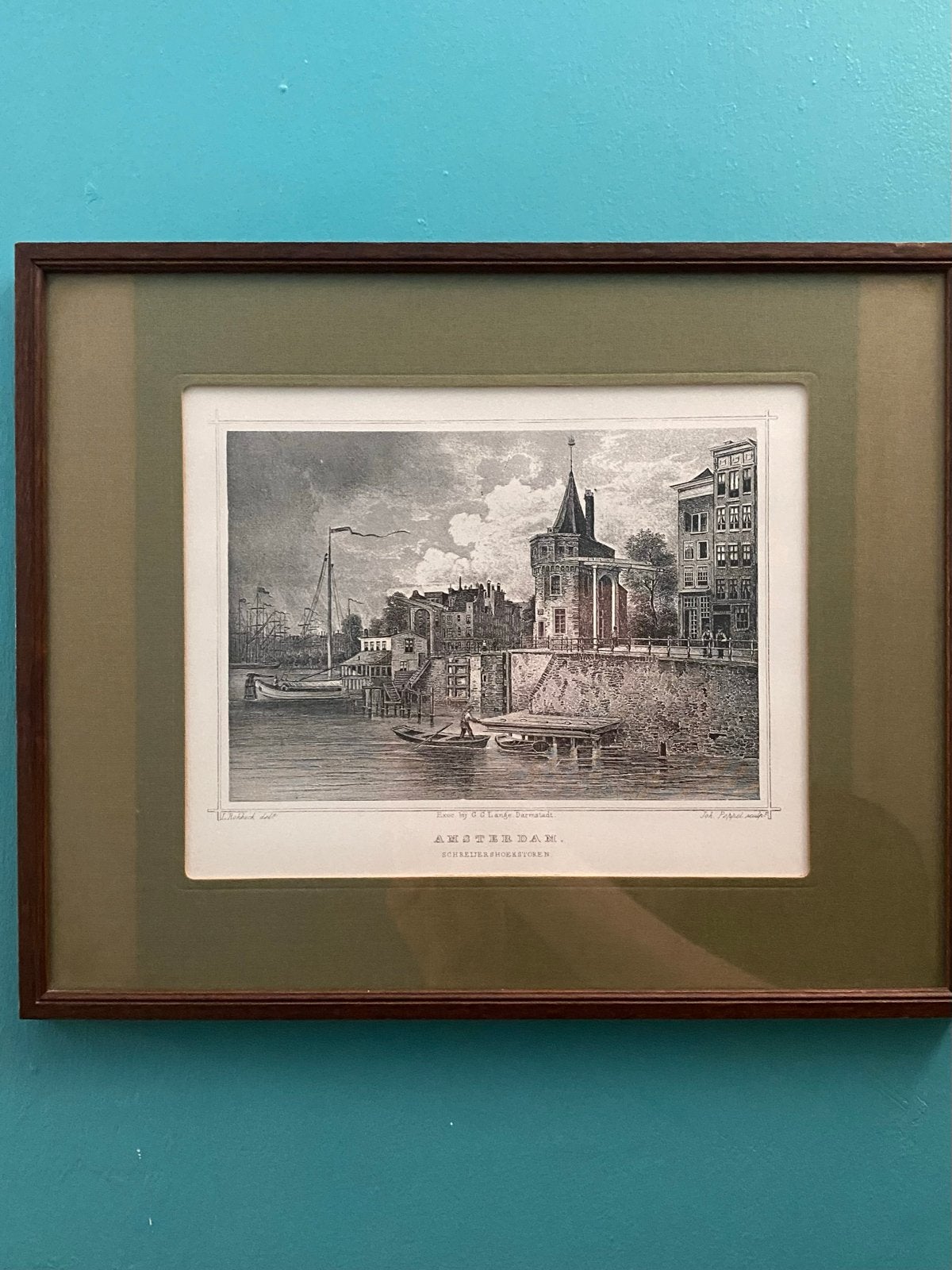 Antieke Gravure Amsterdam: Schreierstoren en omgeving, Antiek en Kunst, Ingelijst, 1800 - 1899, Stadsgezicht, Ophalen of Verzenden