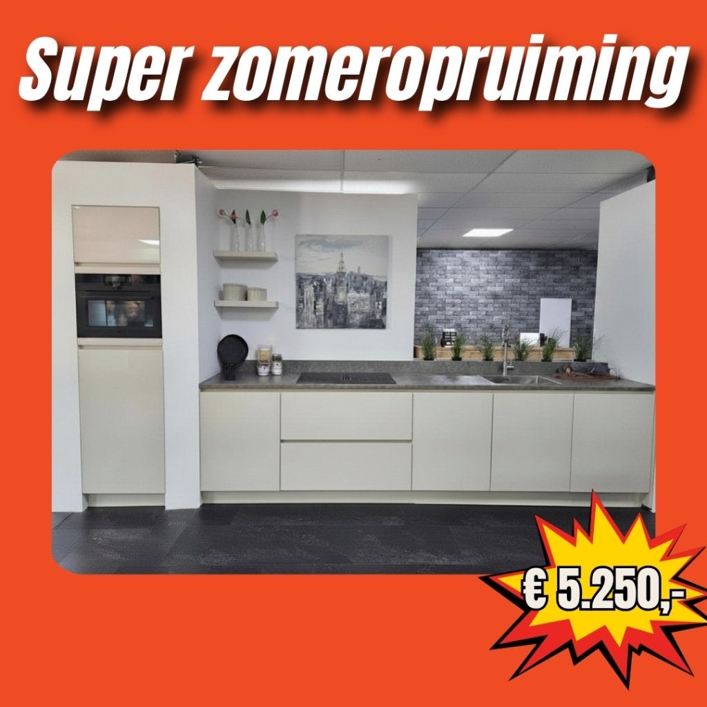 Showroomkeuken hoogglans Magnolia met AEG apparatuur, Ophalen, Nieuw, 200 cm of meer, 50 tot 75 cm