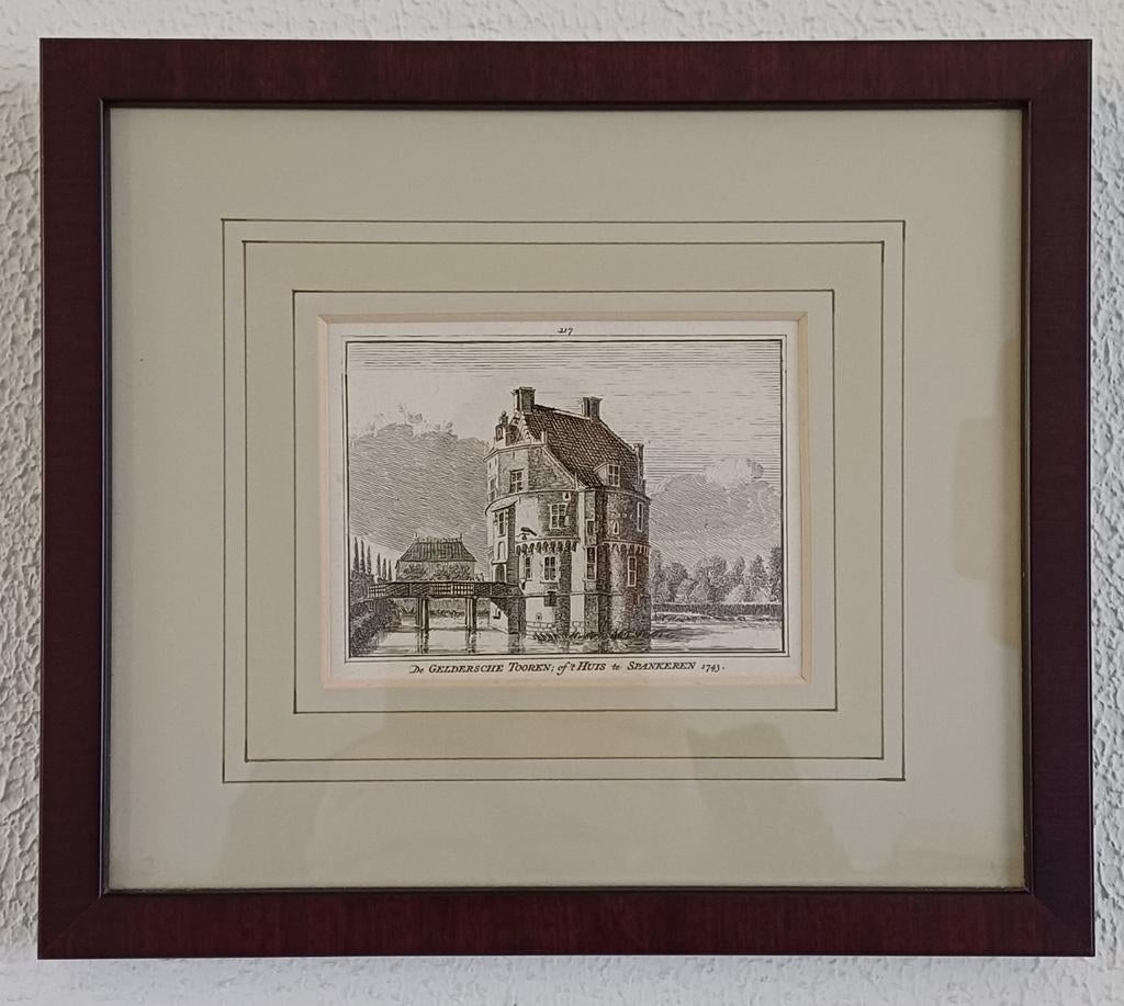 18e Eeuwse Kopergravure De Geldersche Tooren,Spankeren1743, Antiek en Kunst, Kunst | Etsen en Gravures, Architectuur, Ingelijst
