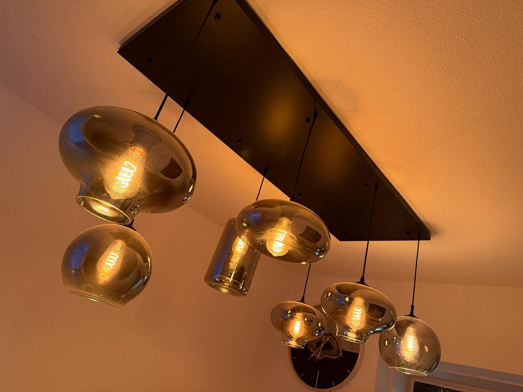 Hanglamp smoke glas 7 lichts, Huis en Inrichting, Lampen | Wandlampen, Ophalen of Verzenden, Zo goed als nieuw, Glas
