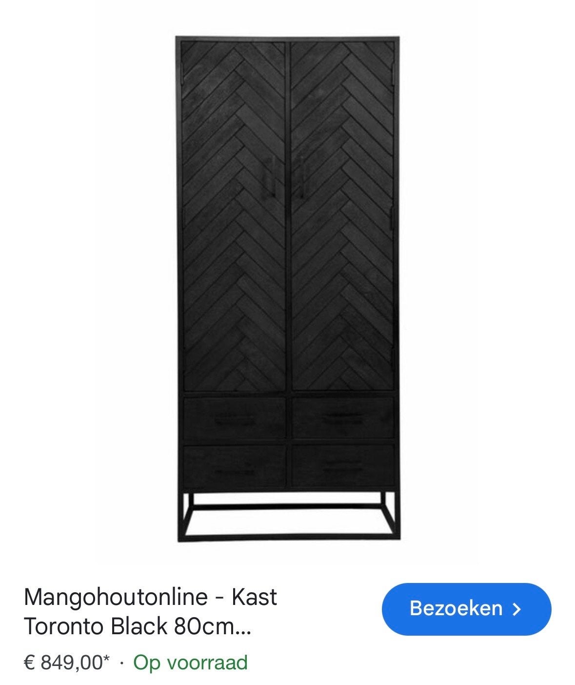 Zwarte visgraat kast van mangohout, Ophalen, 50 tot 100 cm, Zo goed als nieuw, Met lade(s)