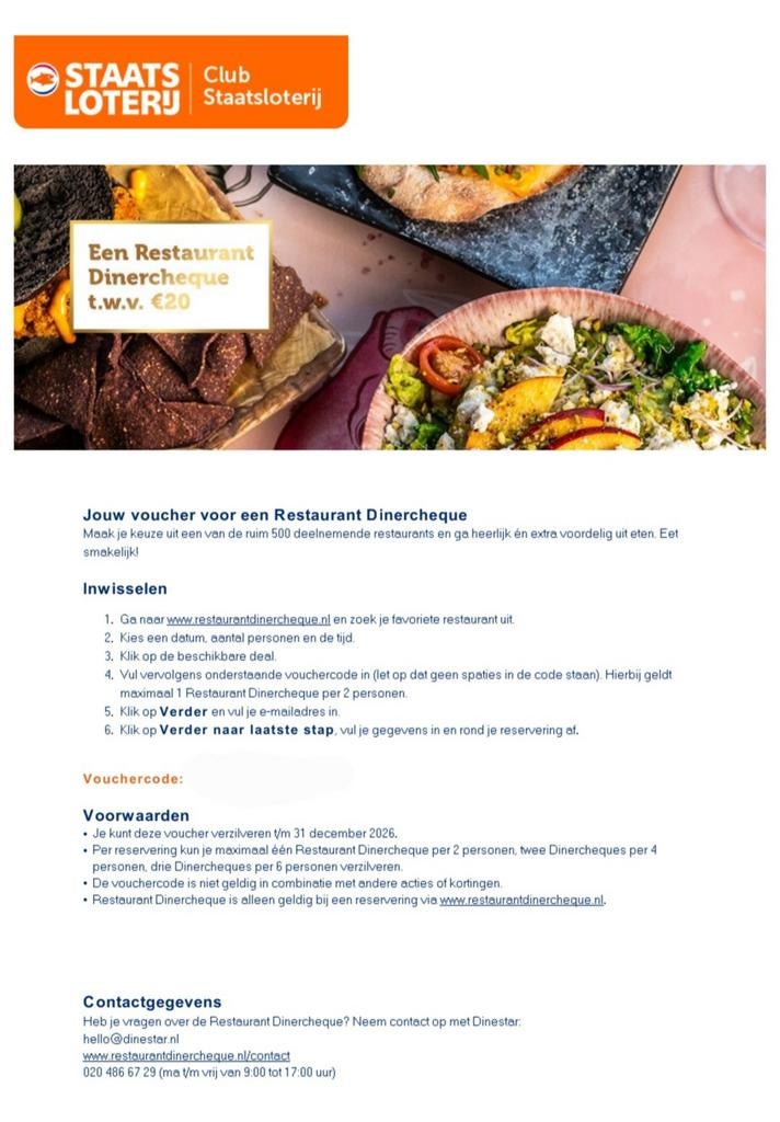 Restaurant Dinercheque t.w.v. €20 / cadeaubon / kadobon, Tickets en Kaartjes, Kortingen en Cadeaubonnen, Twee personen, Kortingsbon