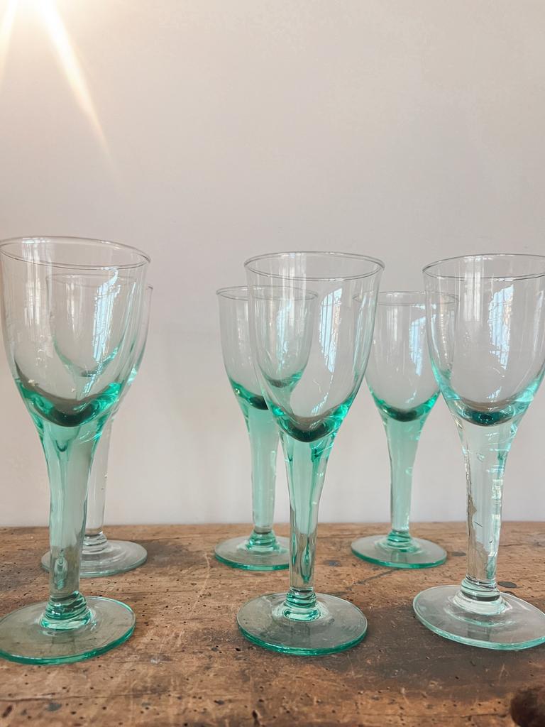 6 prachtige vintage sea green likeurglazen – groene steel -, Ophalen of Verzenden, Zo goed als nieuw, Overige typen