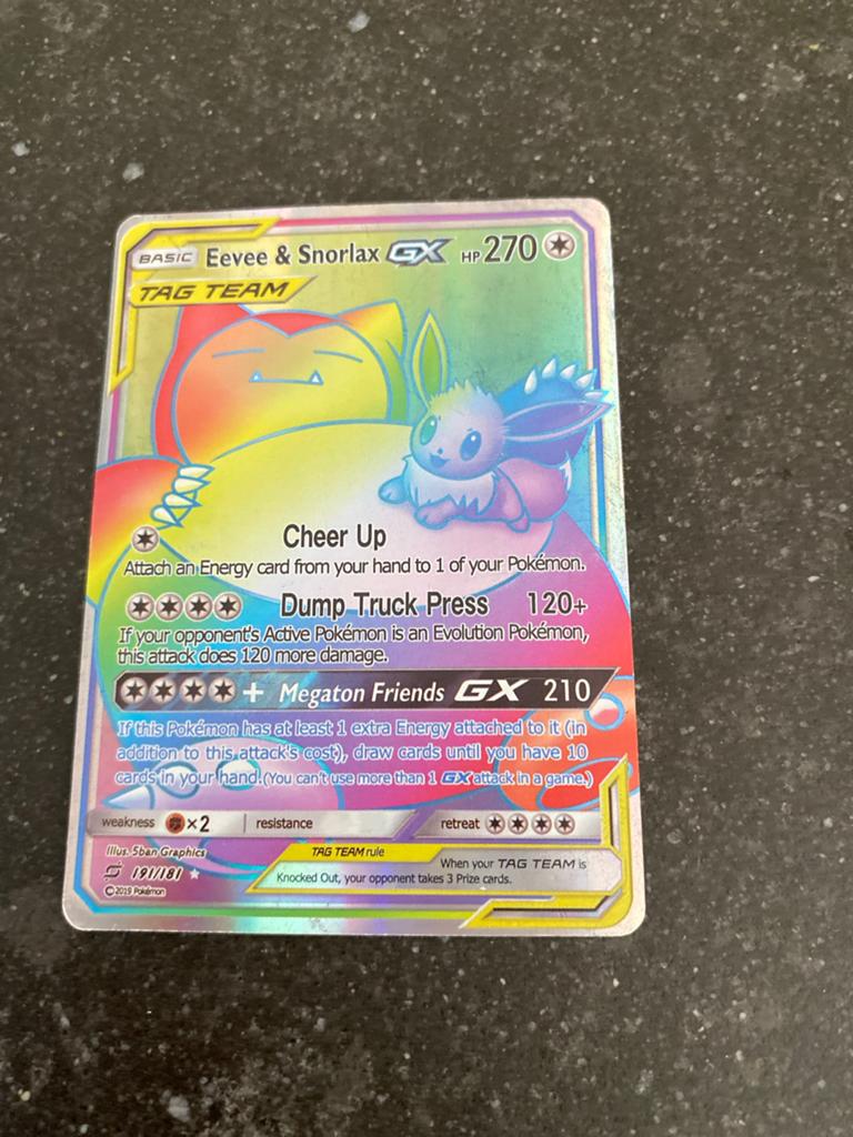 Pokémon Eevee & Snorlax GX TAG TEAM Rainbow Rare 191/181, Ophalen of Verzenden, Zo goed als nieuw, Losse kaart, Foil