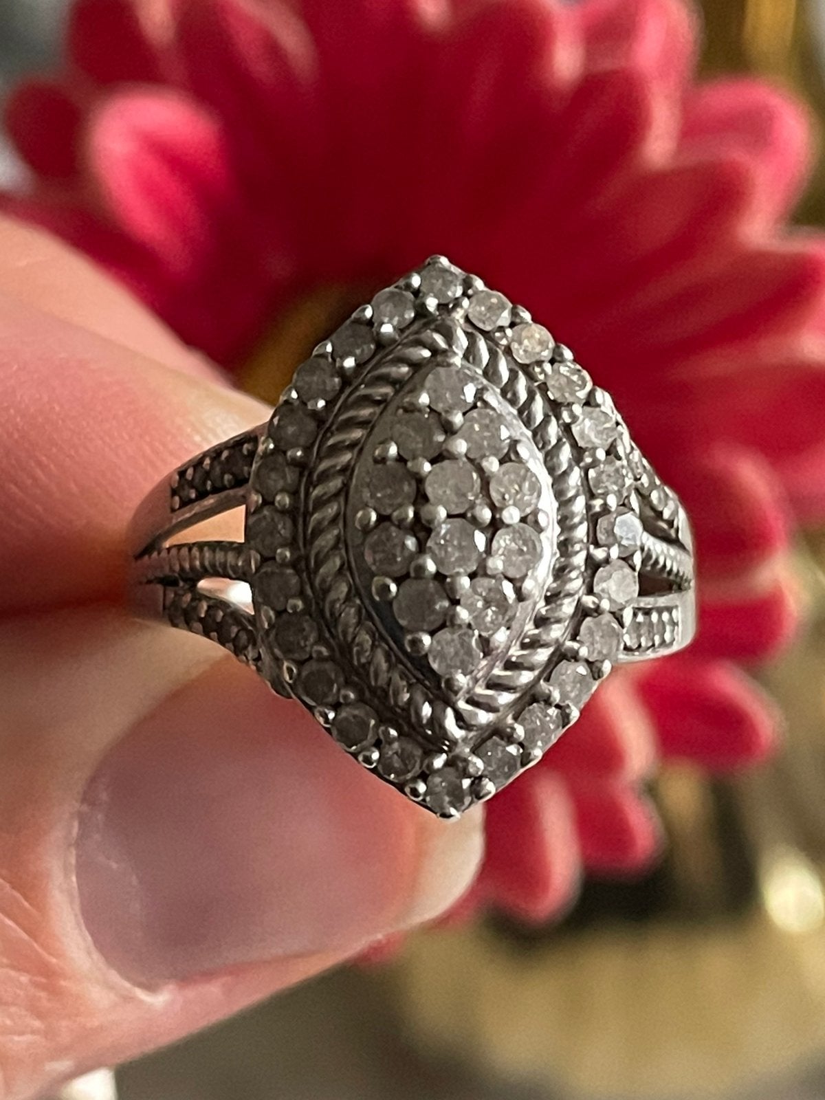 zilveren vintage markies ring met diamanten