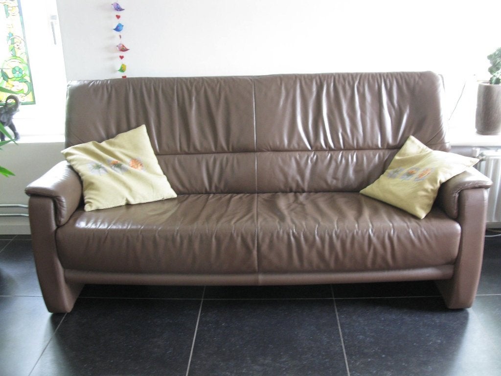 Bruin lederen 3 zits bank, Ophalen, Gebruikt, Minder dan 75 cm, 150 tot 200 cm