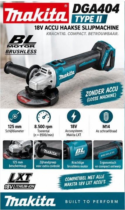 Makita DGA404 Type II 18V Brushless Haakse Slijper, Ophalen of Verzenden, Nieuw, 1000 watt of meer, Haakse handslijpmachine