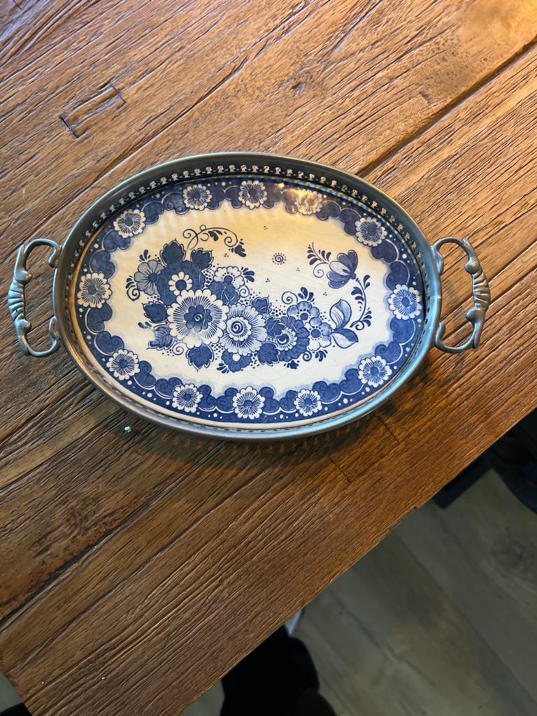 Antiek Delfts blauw dienblad met tinnen rand en handvatten, Ophalen