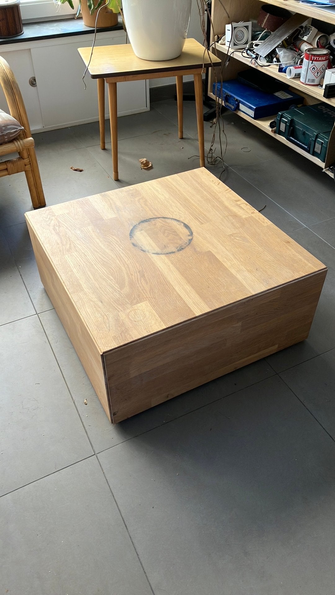 Eiken salontafel, 70x70 cm, Ophalen, 100 tot 150 cm, 50 tot 100 cm, Zo goed als nieuw