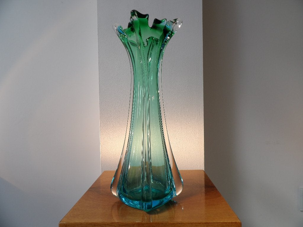 Murano Sixties hoge Vaas blauw/groen, Ophalen of Verzenden