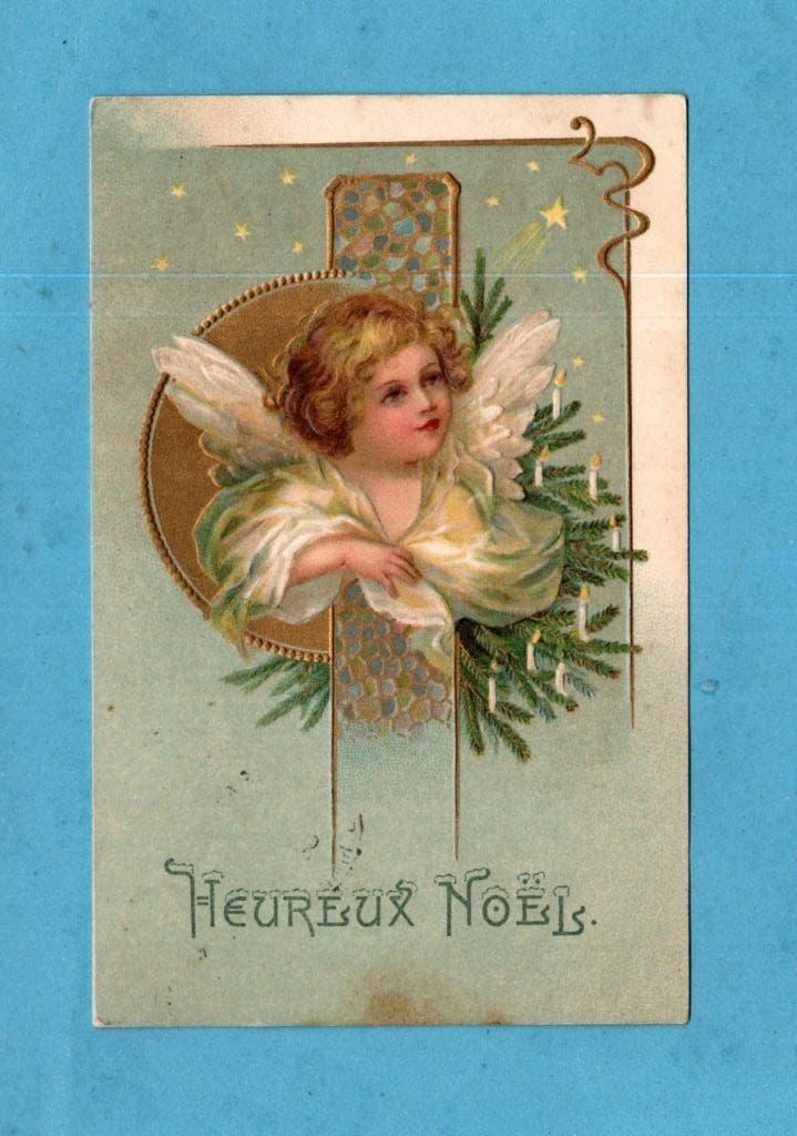 Mooie oude kerstkaart/reliéf M855 - kinderengeltje/kaarsjes, Verzamelen, Ansichtkaarten | Themakaarten, Verzenden, Voor 1920, Gelopen