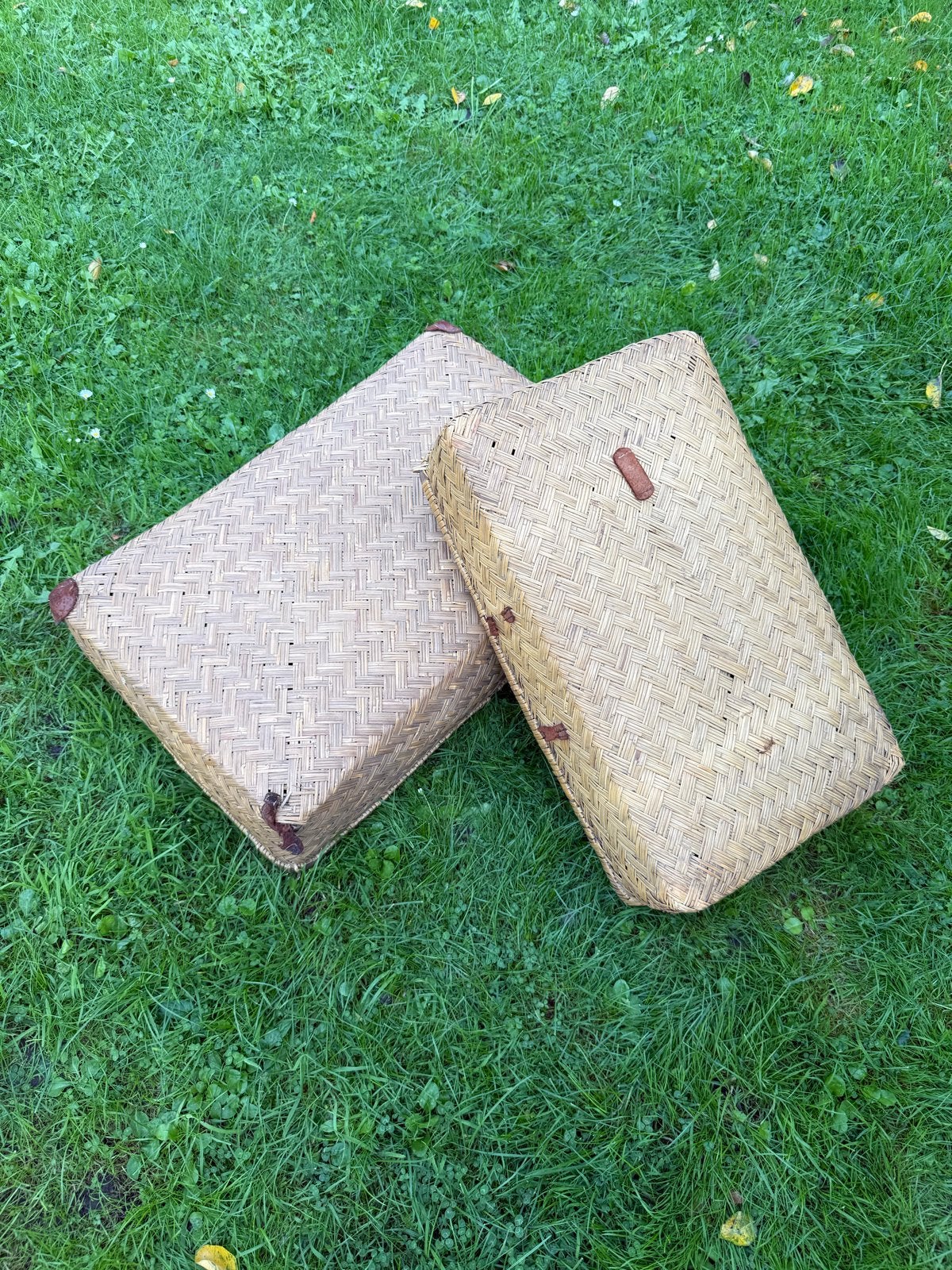 Set van 2 oude rieten manden met deksel, Ophalen, Gebruikt, Gevlochten, Mand